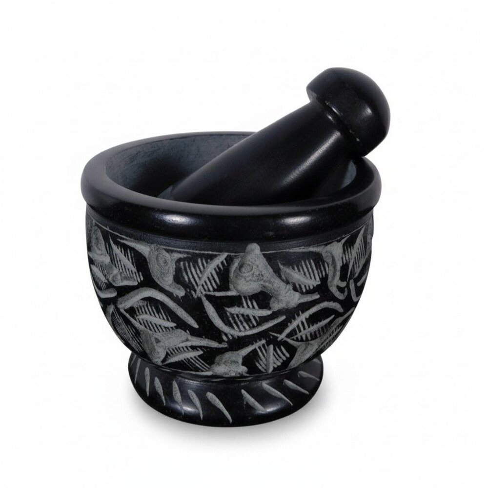 Handmade Black Soapstone Mortar & Pestle 3" - Carved Ritual Grinder - New - Picture 4 of 5